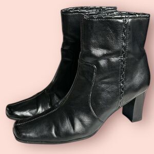 Vintage Y2K Black Zip Faux Leather Boots Size 8 Square Toe Grunge Office Siren